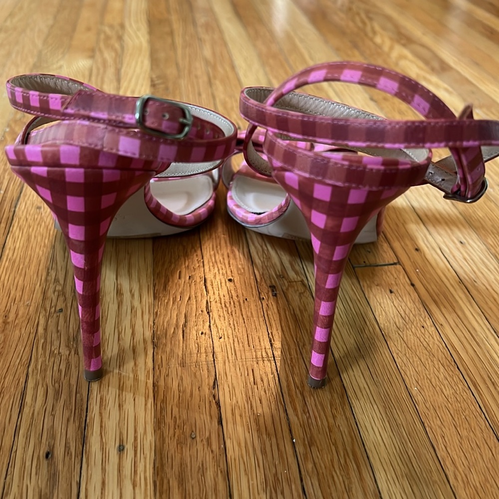 J.Crew Pink Gingham Print Leather Strappy High Heel Sandals with Bow, Size 8.5 - Picture 9 of 10